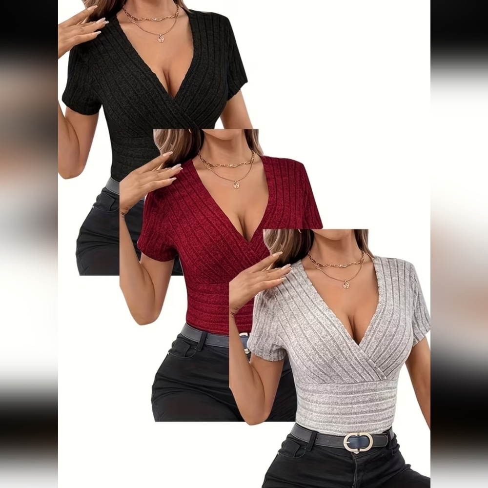 3pcs Solid Color Cross V-Neck Short T-Shirt Set- Black, Red, Gray